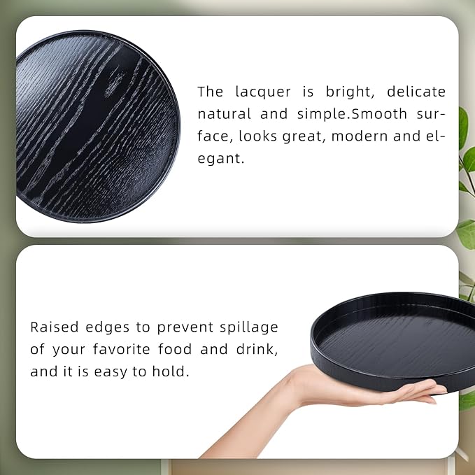 Round Solid Wood Serving Tray 21CM Black,Decorative Wooden Serving Plate for Tea Coffee Snack Food Meals,Ottoman Breakfast Tray with Raised Edge,for Home,Kitchen,Bathroom,Party,Restaurant Decor(8.26")
