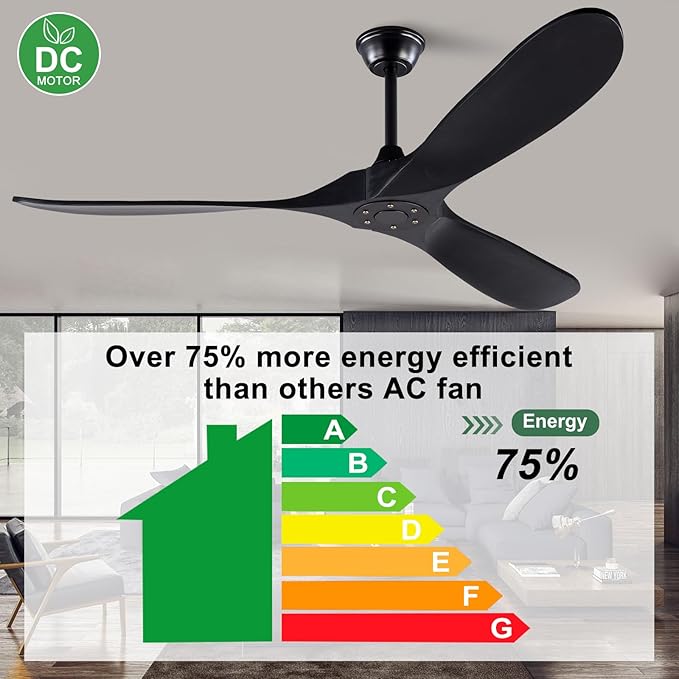 72 inch Ceiling Fan no Light, Quiet Reversible DC Motor Wood Ceiling Fan without Light, Black Modern Ceiling Fan with Remote Control for Outdoor Indoor Farmhouse Patios