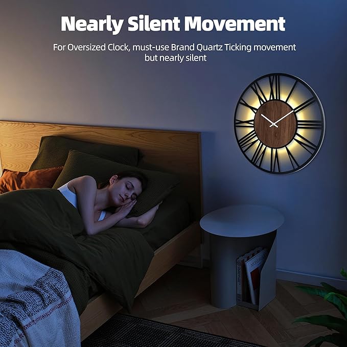 30 Inch Large Metal Wall Clock with Voice and Light Sensor Night Light, Glow in The Dark Non-Ticking Silent Battery Operated Decorative Oversized Wall Clock for Bedroom Living Room Decor