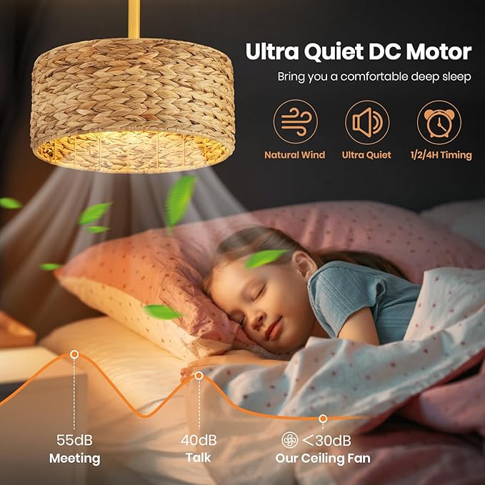 Boho Fandelier Ceiling Fans with Lights, Rattan Chandelier Fan Gold Caged Ceiling Fan with Light Remote, Flush Mount Chandelier Ceiling Fan with 6 Speeds Fandelier for Bedroom, Living Room,Kitchen