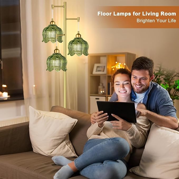 Vintage Floor Lamps for Living Room Bedroom-3 Light Gold Floor Lamp with Glass Lampshape, Flower Green Tall Lamp Mid Century Modern Standing Lamp Tree Floor Lamp for Bedroom Living Room Corner