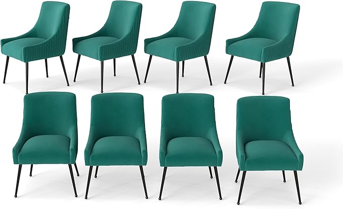 Velvet Dining Chairs Set of 8,Dark Green Upholstered Living Room Chairs with Black Metal Legs, Modern Tufted Accent Chairs for Living Room, Study Room, Kitchen