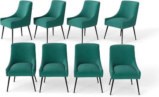 Velvet Dining Chairs Set of 8,Dark Green Upholstered Living Room Chairs with Black Metal Legs, Modern Tufted Accent Chairs for Living Room, Study Room, Kitchen