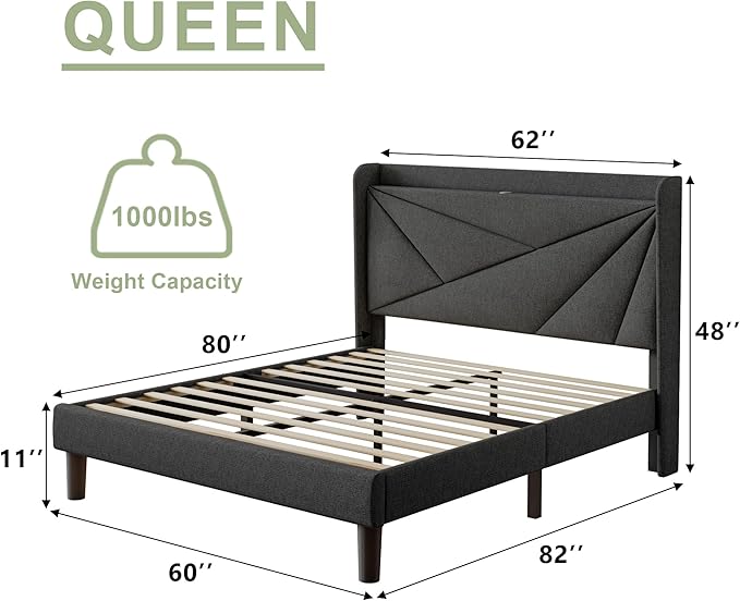 Feonase Queen Size Bed Frame with Charging Station, Linen Platform Bedframe with Wingback Storage Headboard, Solid Wood Slats Support, No Box Spring Needed, Noise Free, Dark Gray