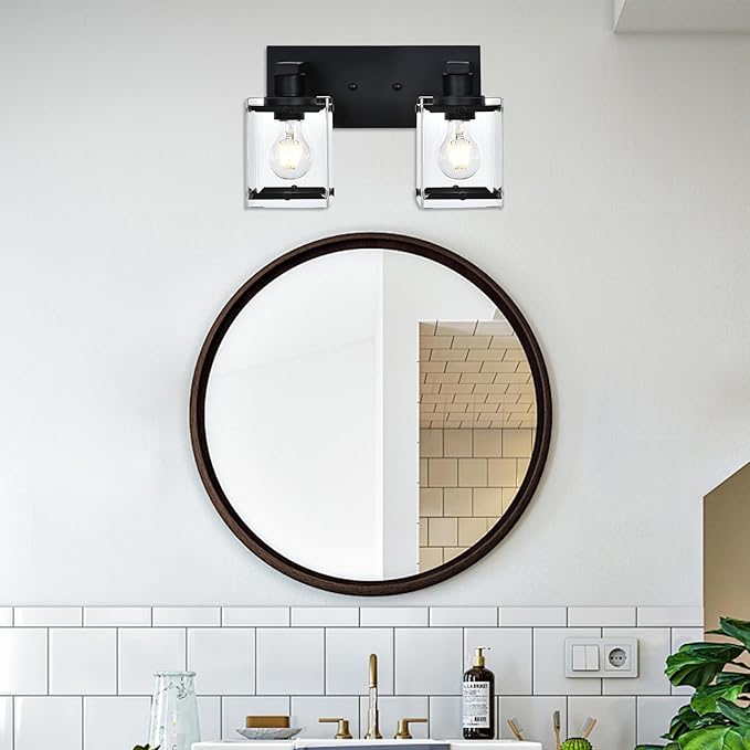 Black 2-Light Wall Sconce Bathroom Light Fixture, Rectangular Clear Glass Vanity Lighting Over Mirror, E26 Bulb Base