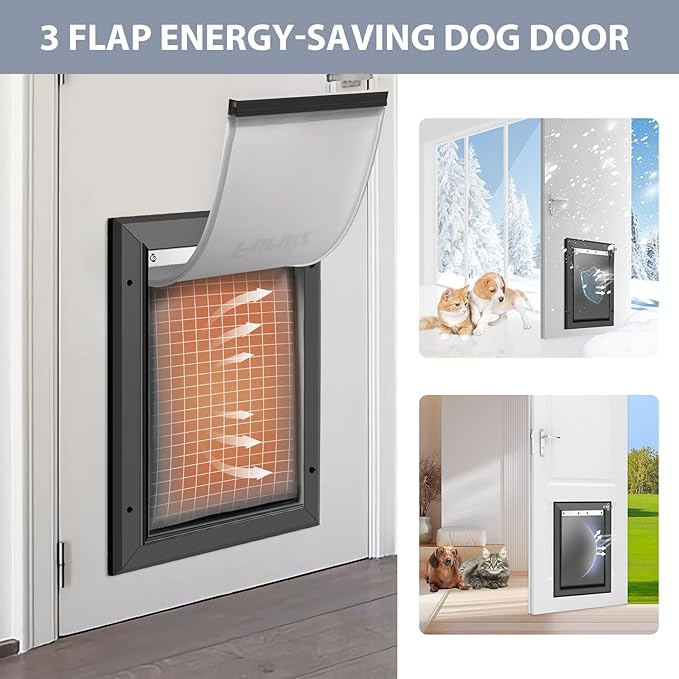 [Petoasis] Heavy Duty Aluminum Dog Door with Lock,3 Flap Insulated Doggie Doors with Installation Manual,Durable and Rust Resistant, Patent: USD1057087S, (Black, XLarge for Wall)