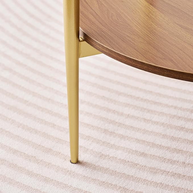 Round Glass End Table, Mid-Century Modern Design Sofa Table for Living Room, D18 x H23, 2-Tier Structure, Clear Glass Top and Walnut Shelf, Sleek Conical Legs with Gold Finish Frame