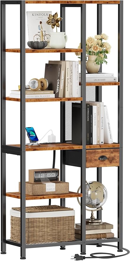 Furologee Bookshelf with USB Ports and Outlets, Shelf with Drawer, Industrial Display Shelves with Charging Station, 6 Tier Storage Shelves for Bedroom, Living Room, Home Office, Rustic Brown
