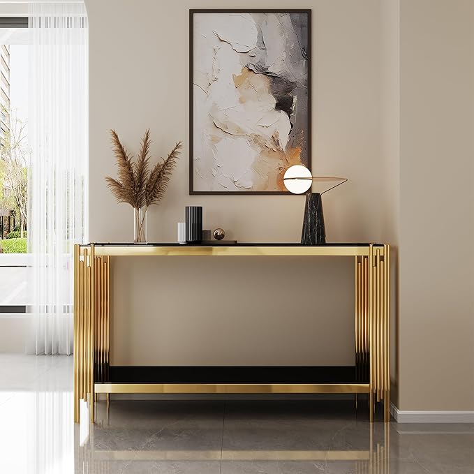 Goujxcy Modern Glass Console Table 55" Gold Entryway Table with Black Glass Top and Mirror Finish Stainless Steel Legs, Luxury Rectangular Sofa Tables for Living Room Hallway Corridor Table (Gold)