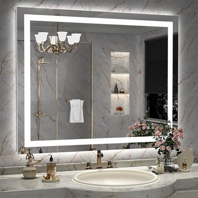 LED Mirror for Bathroom, 44x36 Inch Backlit + Front Lighted Bathroom Vanity Mirror with Lights for Wall, Double Light Strips, 3 Colors, Shatter-Proof, Anti-Fog and Brightness Memory