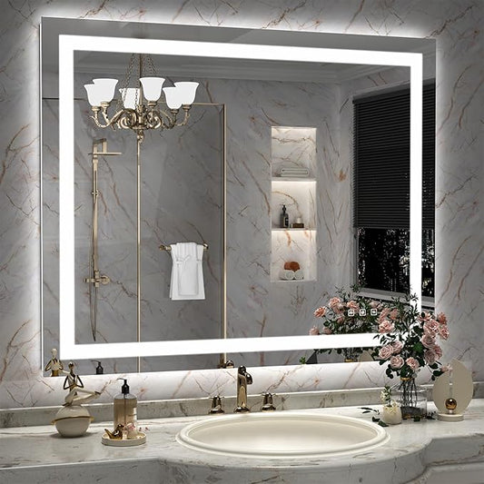 LED Mirror for Bathroom, 44x36 Inch Backlit + Front Lighted Bathroom Vanity Mirror with Lights for Wall, Double Light Strips, 3 Colors, Shatter-Proof, Anti-Fog and Brightness Memory