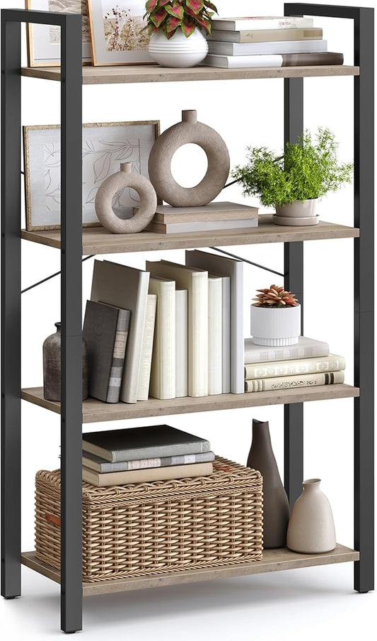VASAGLE 4-Tier Bookshelf, Bookcase with Steel Frame, Book Shelf for Living Room, Home Office, Study, 11.8 x 26 x 47 Inches, Industrial Style, Heather Greige and Ink Black ULLS060B02