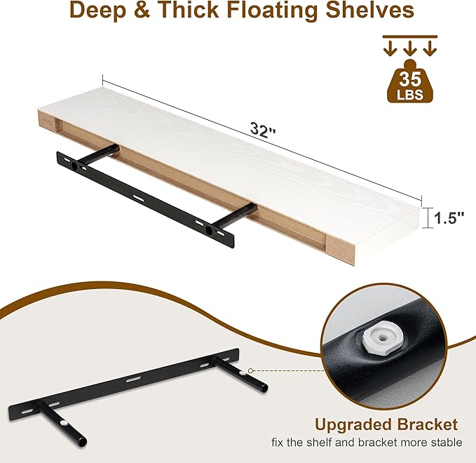 Fun Memories Floating Shelves for Wall, 32Inch Floating Shelves Set of 2, Hanging Shelf with Invisible Brackets, Wood Shelves for Living Room, Bedroom, Kitchen, White