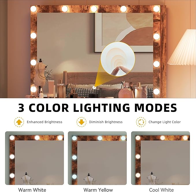 DWVO Vanity Desk with Stool, 4 Drawers, Lighted Makeup Desk with Large Mirror, 3 Color Modes, Outlets & USB Ports