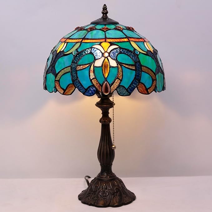Tiffany Table Lamp Stained Glass Lamp 12X12X19 Inch Antique Reading Light (Green Brown Jewelry Baroque)
