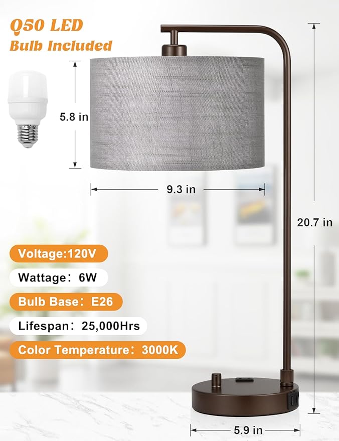 Innqoo Gray Tall Table Lamp with USB Port and Outlet, Dimmable Nightstand Bedside Lamps with Linen Lampshade, Desk Lamp for Bedroom, Living Room, Guest Room, Home Office, LED Bulb Included