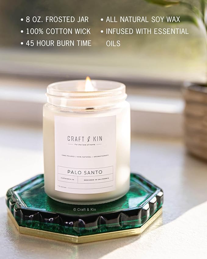 Craft & Kin Palo Santo Christmas Scented Candle | 8 Oz 45 Hour Long Lasting | Classic Soy WoodWick Winter Candles | Made with Natural Soy | Holiday Candles Gifts for Men and Women