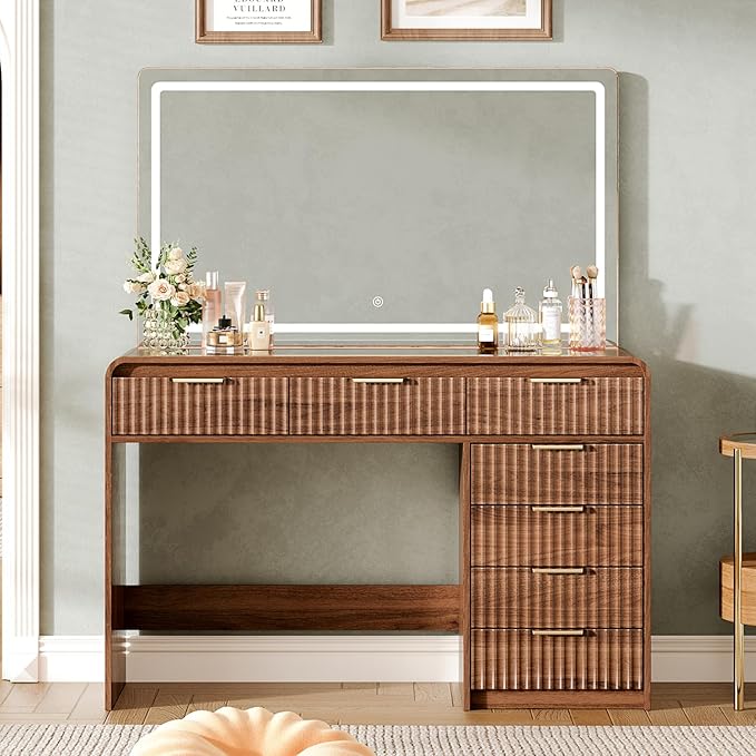 47“Makeup Vanity Desk with 44.8" Mirror and Lights, Vanity Desk with 7 Drawers, Makeup vanity table with a glass tabletop, 3 Color Modes & Adjustable Brightness Dressing Table, Bedroom,Walnut