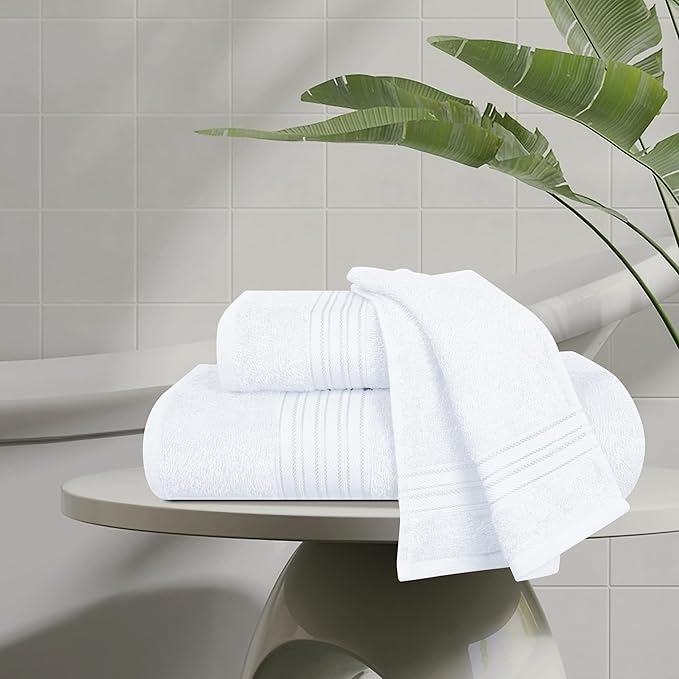 BOUTIQUO Ultra Soft 3 Pack Cotton Towel Set, Contains a Bath Towels 28x55 inch, a Hand Towels 16x24 inch & a Wash Coths 12x12 inch, Ideal Everyday use, Compact & Lightweight - White