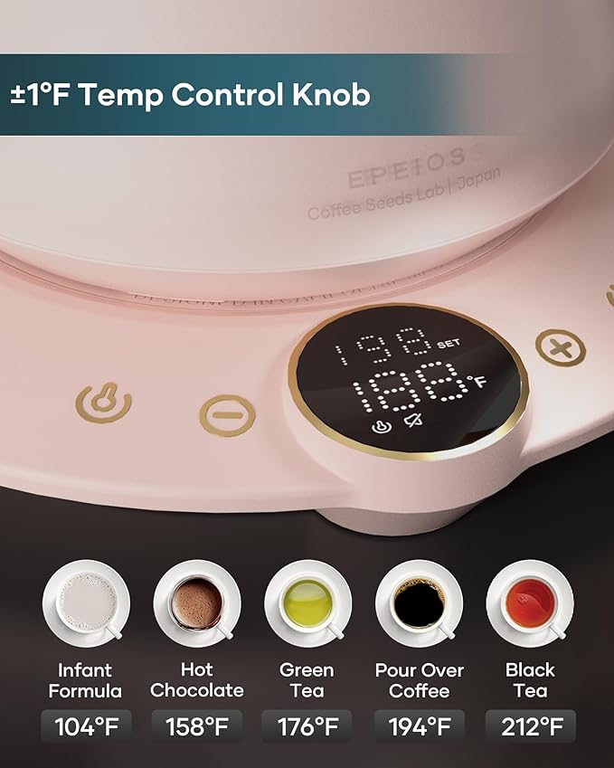 Gooseneck Electric Kettle with ±1℉ Temperature Control for Pour Over Coffee & Tea, Quick Heating, BPA-Free Stainless Steel, Built-in Brew Timer, 1500W/0.9L (Munch Pink)