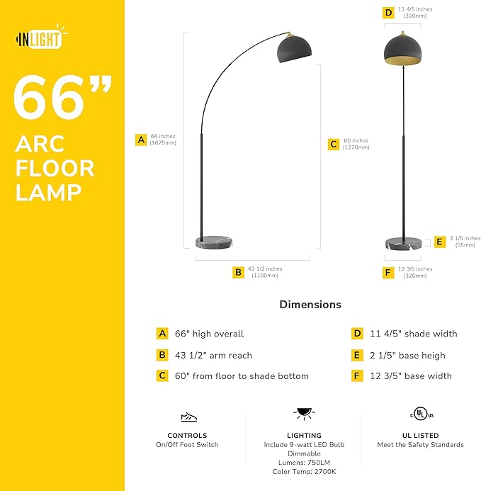 GETINLIGHT Inlight 66" Modern Black Metal Arc Floor Lamp with Inner Gold Metal Shade and Black Marble Base, Bulb Not Included, IN-0806-1-BK