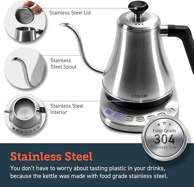 COSORI Gooseneck Electric Kettle with 5 Variable Presets, Pour Over & Coffee maker, 100% Stainless Steel Inner Lid & Bottom, 1200 Watt Quick Heating, 0.8L, Silver