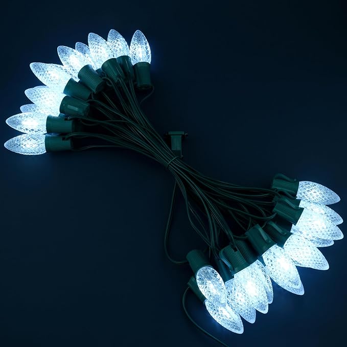 YULETIME Cool White C9 LED Christmas Lights, 25 Feet 25 Count 12" Spacing Faceted Strawberry Bulbs UL Certified Outdoor String Light Set (Cool White)