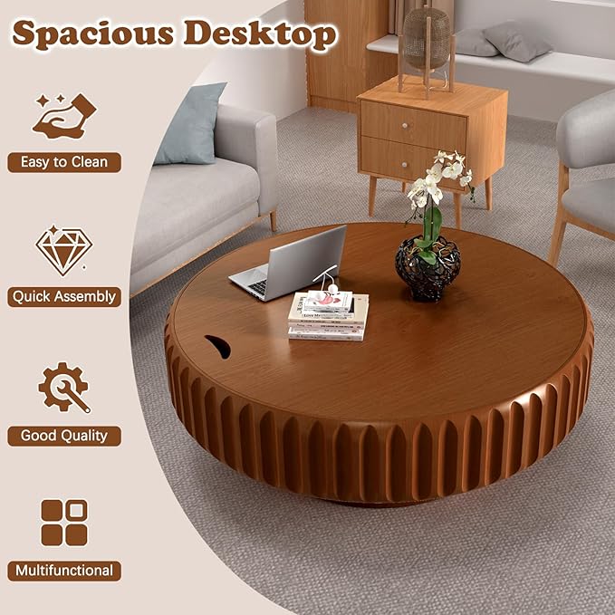 Round Coffee Table with Storage for Living Room, Handcraft Fluted Drum Coffee Table Modern Circle Wooden Coffee Table Cocktail Table for Home Office Apartment (Brown 39.37")