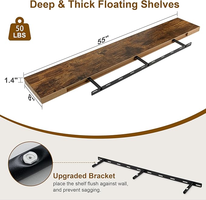 Fun Memories Floating Shelves 55 Inch Long, 8 Deep Floating Shelves for Wall, Large 55 x 8 Display Shelves for Living Room, Kitchen, Wood Deep Wall Shelves for Home Storage, Rustic Brown, 1 Pack