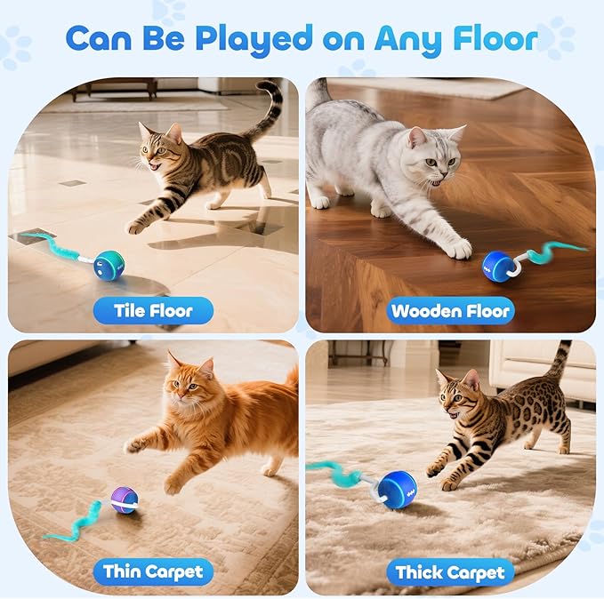 Interactive Cat Toy Ball, Automatic Cat Toys for Indoor Cats, Motion Activated Kitten Toys with 2 Replacement Tails, 3 Modes, USB Rechargeable, Moving Cat Toys for Enrichment Exercise(Blue)