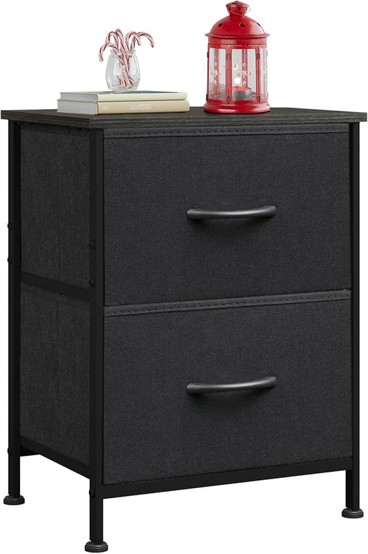 WLIVE Black Night Stand, Small Dresser with 2 Drawers & Wooden Top, Nightstand with Fabric Bins, Bedside Table End Table for Bedroom, Closet, Entryway, College Dorm, Charcoal Black