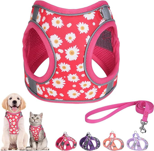 Step in Dog Harness and Leash Set, Flower Adjustable Easy Walk Puppy Harnesses, Soft Mesh Pet Vest Harness Small Size Dog Adjustable No Pull Dog Harness for Small Dogs and Cats(Rose red, XS)