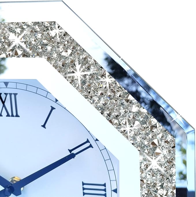 Wall Clock, Octagon Mirror Glass Clock, Cute Diamond 12-inch Non-Ticking Clock for Wall Décor, Perfect Home Decor for Bedroom, Bathroom Motif, Dining Room(Excluding Batteries.)