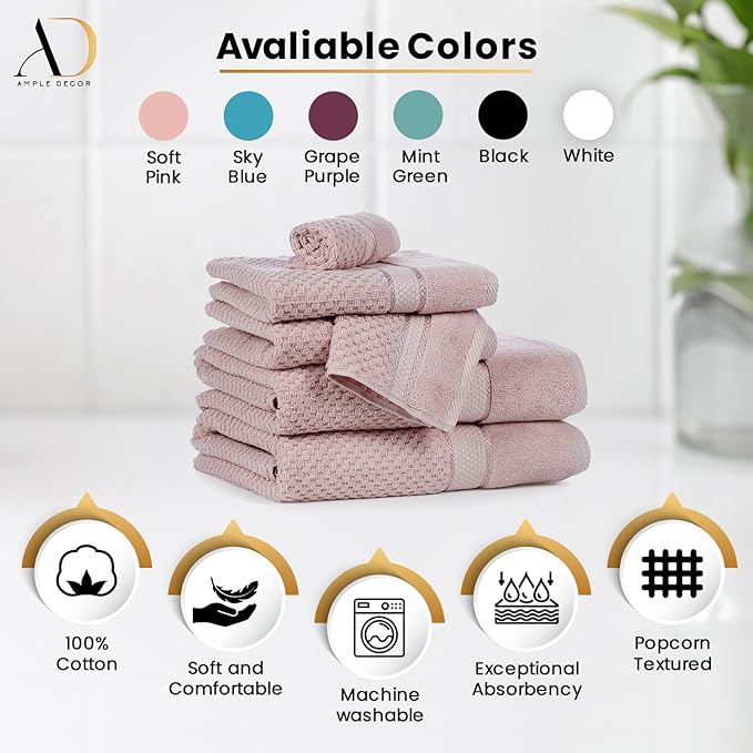 Ample Decor Bath Towels for Bathroom Set of 16 100% Cotton Popcorn Textured, Machine Washable - Soft Pink - 30 X 54 Inch