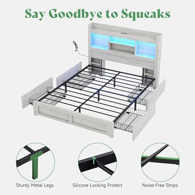 AMERLIFE Full Bed Frame with 4 Storage Drawers, LED Bed Frame with 49.6" Tall Bookcase Headboard, Wood Platform Bed with Charging Station & 2 Slide Bedside Shelf, No Box Spring Needed/Distressed White