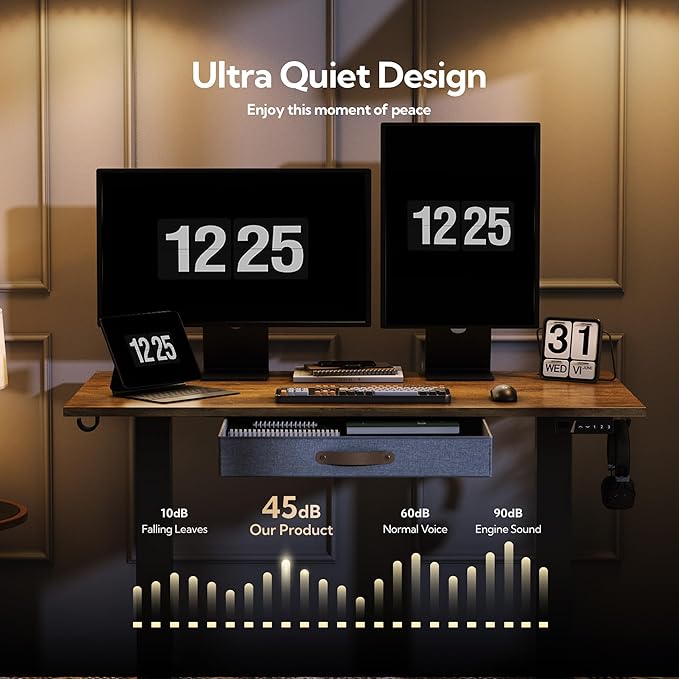 Seang Standing Desk with Drawer, 55" x 24" Height Adjustable Stand Up Desk, 3 Memory Height Settings with Cable Grommets & Storage Hooks, Ideal for Home & Office, Rustic Brown