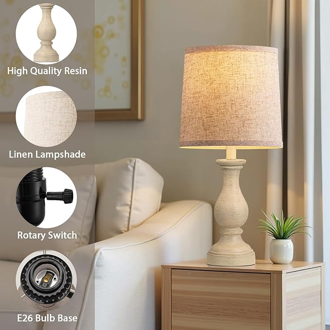 Seealle Farmhouse Table Lamps Set of 2 - Rustic Lamp for Bedroom Living Room, 22" Boho Bedside Lamps for Night Stands End Table Office Desk Lamp Nightstand Clearance with Linen Shades(Antique White)