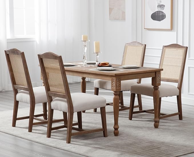 EALSON Rattan Dining Chairs Set of 4 Mid Century Modern Linen Upholstered Fabric Dining Room Chairs with Cane Back and Natural Wood Legs for Kitchen/Restaurant, Beige