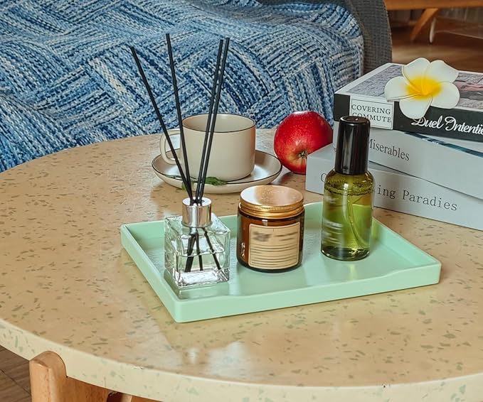 Green Small Serving Tray (9.5 x 7 inch), Countertop Organizer for Bathtub Bathroom Vanity Items, Serving Accessory, Coffee, Drinks, Tea, Party, Spa, Perfume and Display Use.
