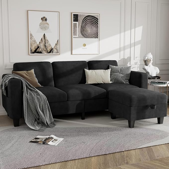 Sectional Sofa Couches for Living Room - 78''Convertible Modular Three-Seater L-Shaped Pet-Friendly Couch,Washable Sofa Cover-Bench Storage, Suitable for Small Living Room, Apartment,Office-Black