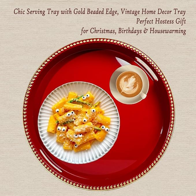 Red Decorative Tray for Coffee Table, Round Beaded Plastic Serving Tray forKitchen Counter, Ottoman, Living Room,(13")