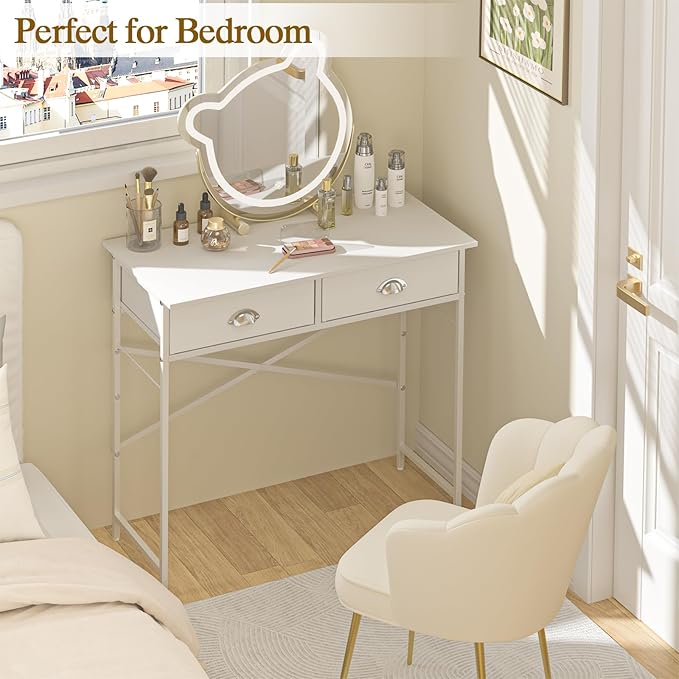 Small Vanity Desk No Mirror for Kids Bedroom, 31.5 Inch Vanity Table with Drawers, Makeup Vanity Desk for Narrow Spaces, White Dreessing Table(No Mirror)
