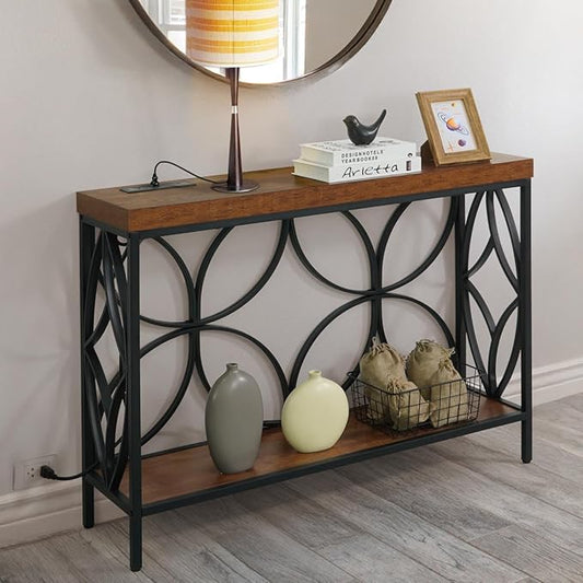 CAPHAUS 41” 2-Tier Industrial Sofa Console Thick Table w/Storage & Charging Station, Entrance Tableau w/ 2 Outlets, USB & Type-C Ports for Entryway, Living Room, Hallway, Foyer, Rustic, Butterfly