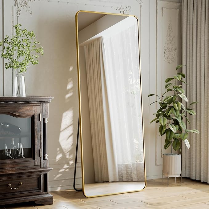 65"x24" Floor Full Length Mirror Standing Full Body Rounded Corner Rectangle Mirrors with Stand Hanging Wall Mounted Leaning Bedroom Living Room Bedroom Cloakroom,Gold