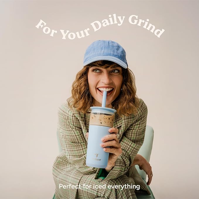 REDUCE Aspen 20 oz Vacuum Insulated Glass Tumbler with Lid & Extra Wide Straw - Keeps Drinks Cold for 12 Hrs - Ideal for Iced Coffee, Smoothies & Boba - Dishwasher Safe, Soft Base - Phantom