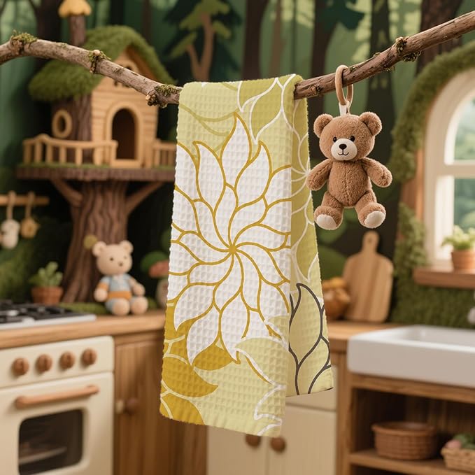 Boho Floral Abstract Waffle Towels, Flower Hand Towel for Bathroom Decor, 16x24 Inch Neutral Yellow Flower Dish Tea Towel Decor for Kitchen/Bath/SPA,Gift for Friends.