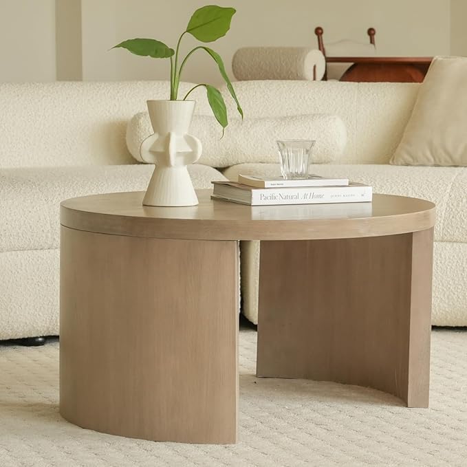 Round Nesting Coffee Table Set of 2, 31.5" Large and 18" Small Low Tables, Modern Wood Grain Tables for Living Room, Gray