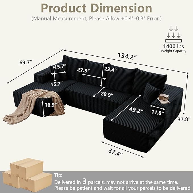 Sectional Cloud Couch for Living Room, Stupendous U Shaped Sofas, Modular Floor Deep-Seat Sofa, Big Comfy Corduroy Couches Set with Fluffy Memory Foam, No Assembly Required, Black