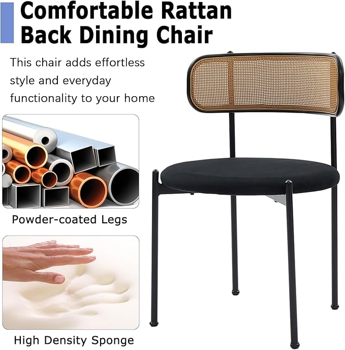 Rattan Dining Chairs Set of 2, Mid Century Modern Dining Chairs with Cane Back and Boucle Upholstered Seat, Farmhouse Kitchen Chairs for Dining Room and Living Room, Black