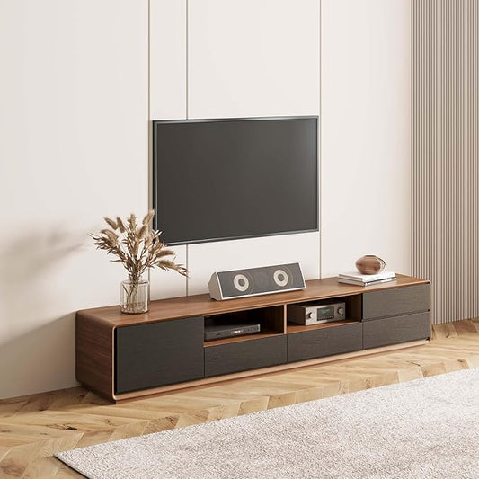 Modern Solid Wood TV Stand, Lowline Media Console with 4 Drawers, Open Storage Cabinet, Walnut Veneer, Fully-Assembled, 78"